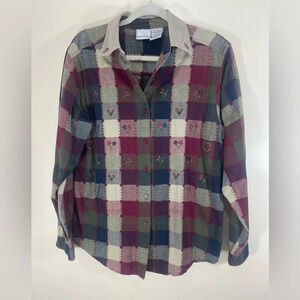 Bobbie Brooks Floral Heart Embroidered Cherry Jubilee Button Down Shirt Size Lg